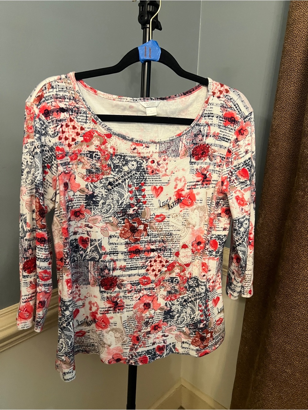 Christopher & Banks Floral Script Scoop Neck Top - Pink & Navy